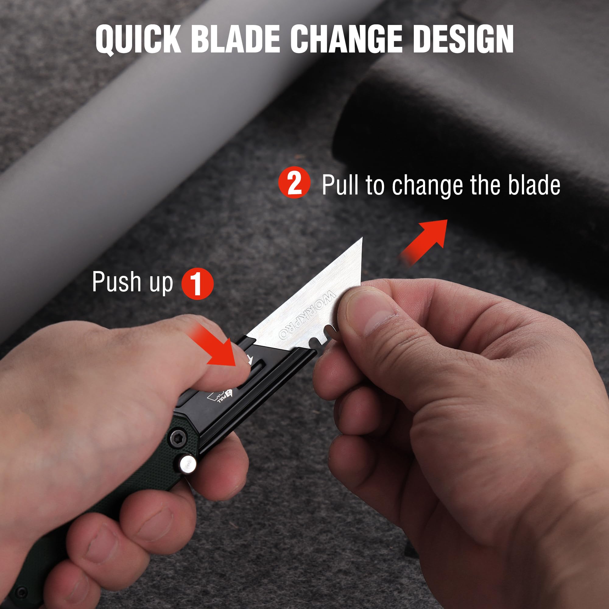 WORKPRO folding knife enables one-handed use for easy cuts.