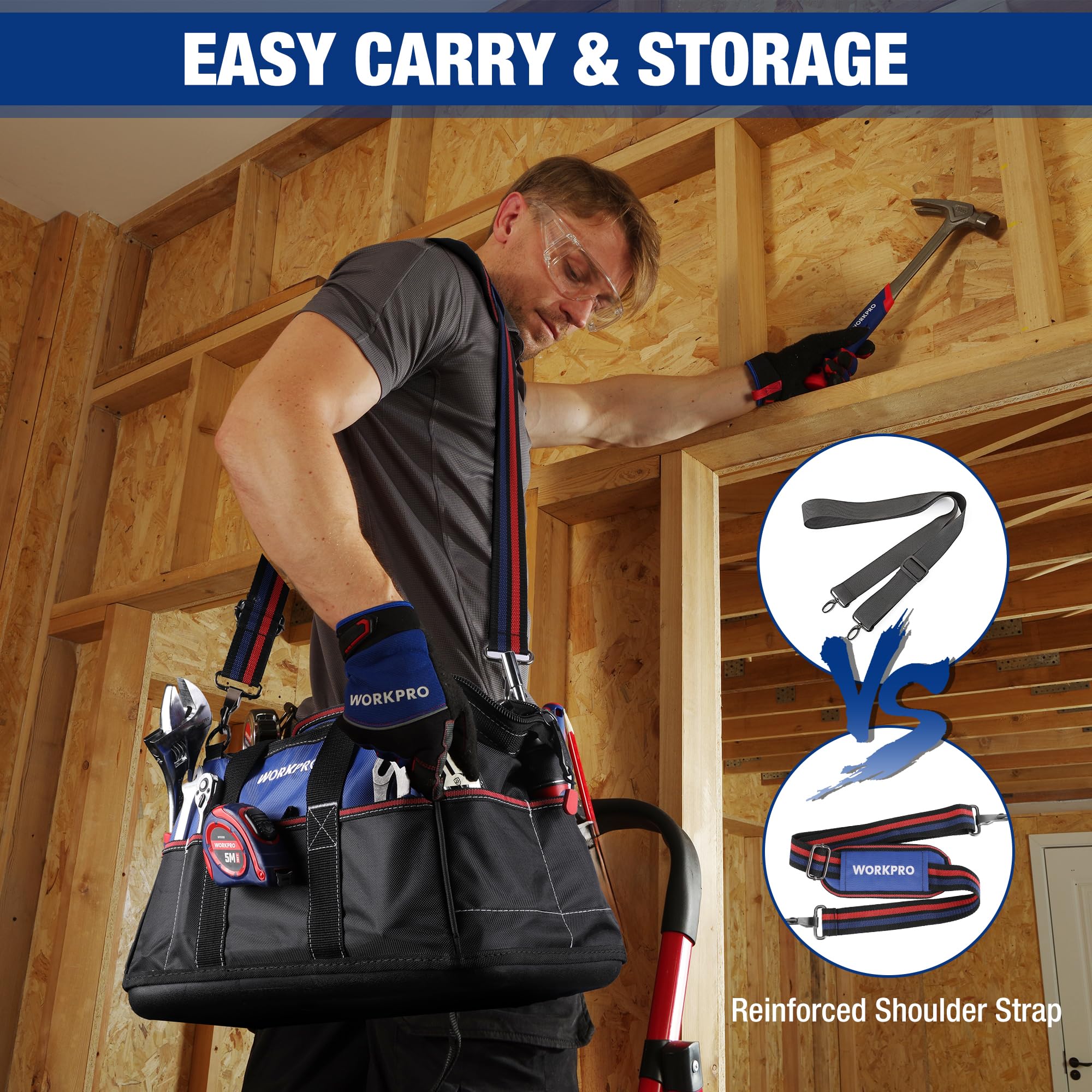 Padded handle and adjustable strap provide comfortable carrying for heavy loads.