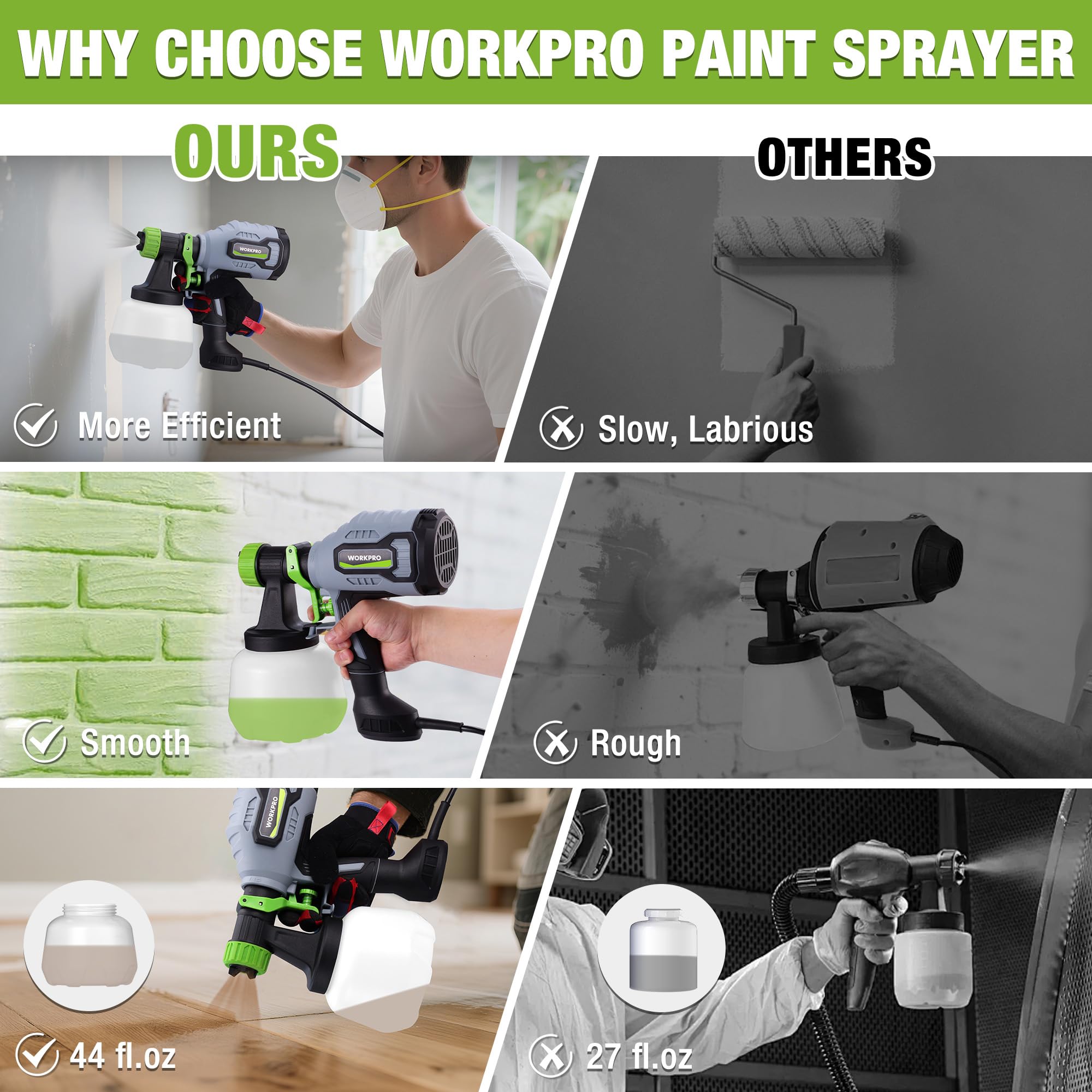 WorkPro paint sprayer circular spray pattern for detailed finishes.