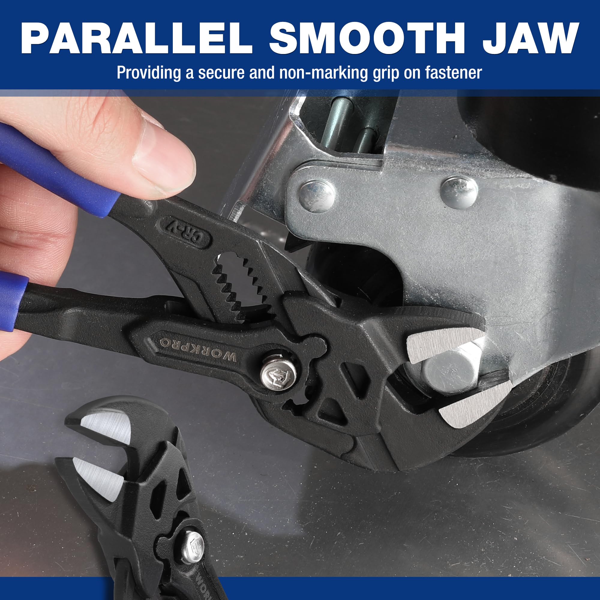 Parallel smooth jaws protect delicate surfaces during use