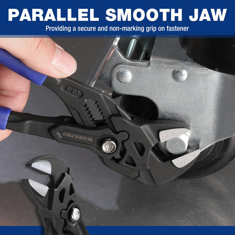 Parallel smooth jaws protect delicate surfaces during use
