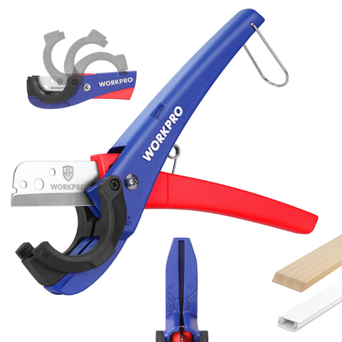 WORKPRO PEX Cutter demonstrating a 30-degree cut angle for precise corner fitting