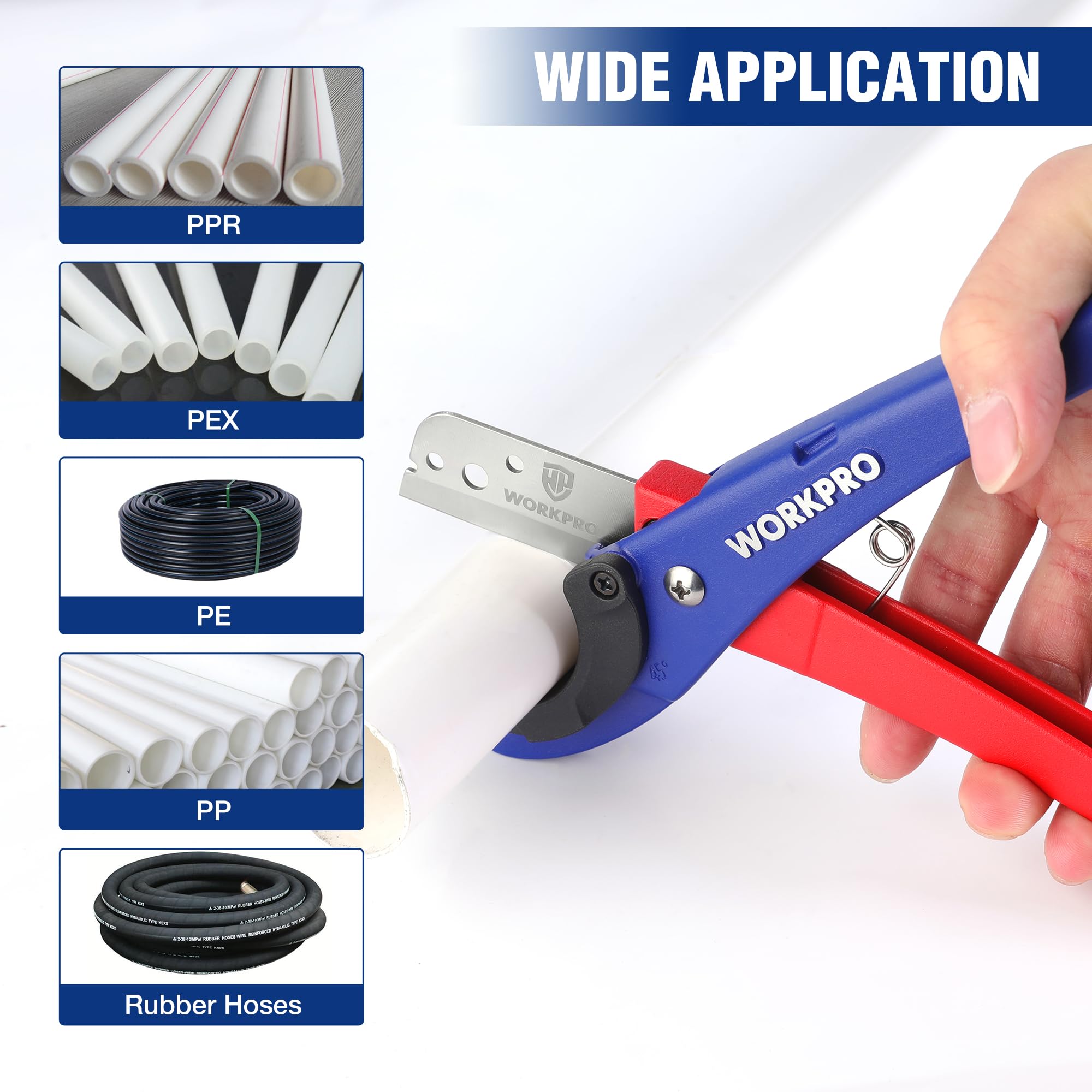 WORKPRO PEX Cutter handles diameter range from 1/8 to 1-5/8 inches