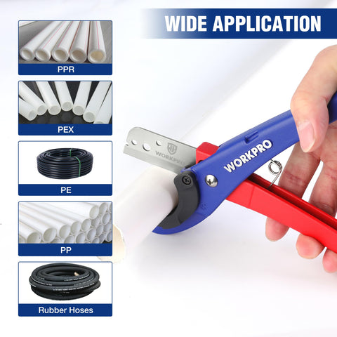 WORKPRO PEX Cutter handles diameter range from 1/8 to 1-5/8 inches