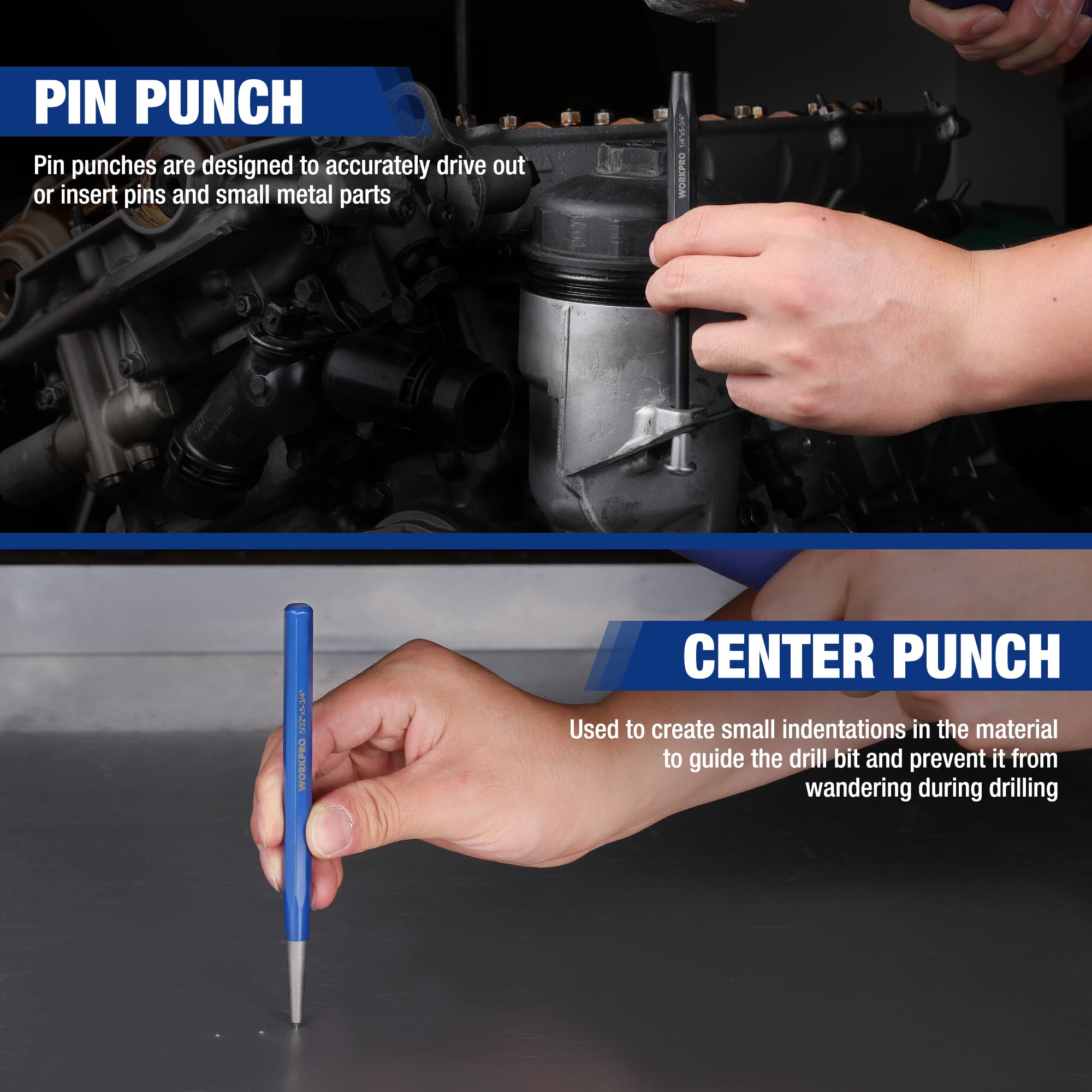WORKPRO pin punch facilitates pin removal without surface damage