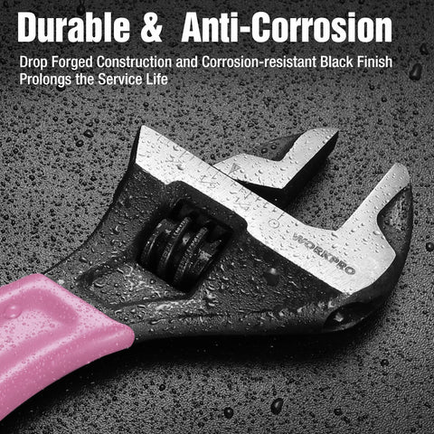 WORKPRO pink 10-inch adjustable wrench used on plumbing fittings.