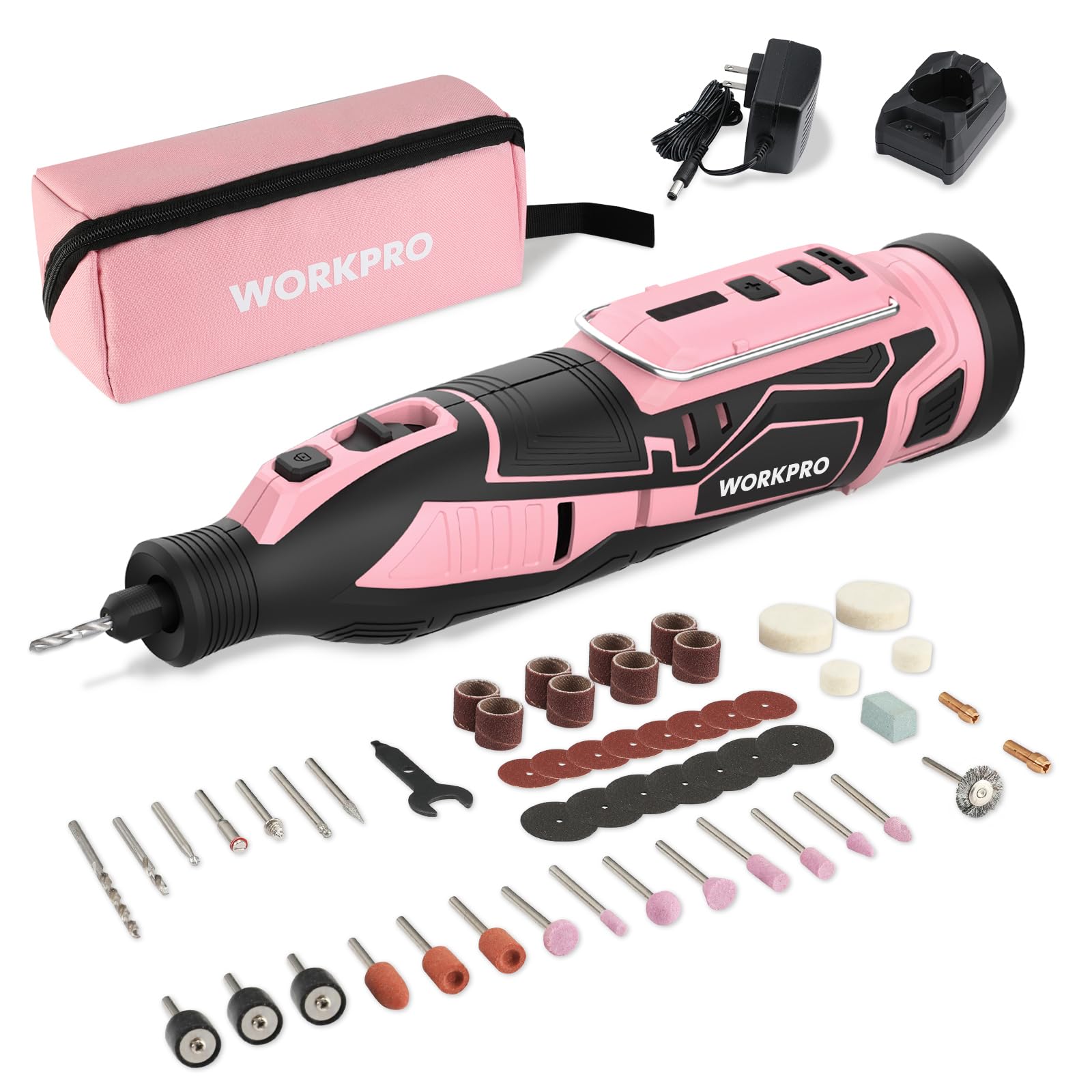 WORKPRO Pink 12V cordless rotary tool for versatile crafting and DIY projects.