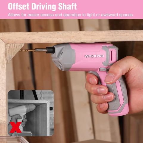 WorkPro pink 3.6V screwdriver battery supports long sessions with fast charging.