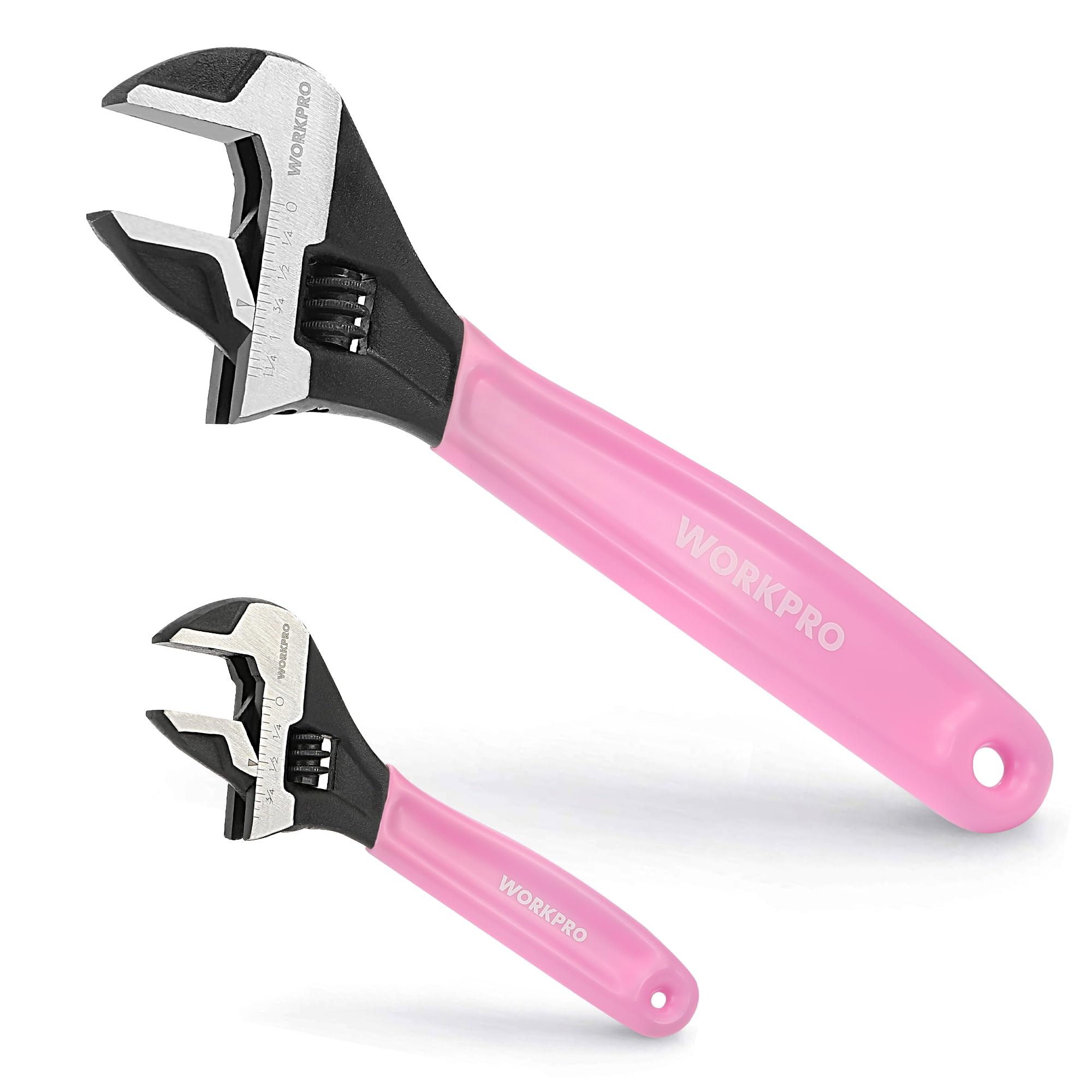 WORKPRO pink 6-inch adjustable wrench in hand for quick automotive tweaks.