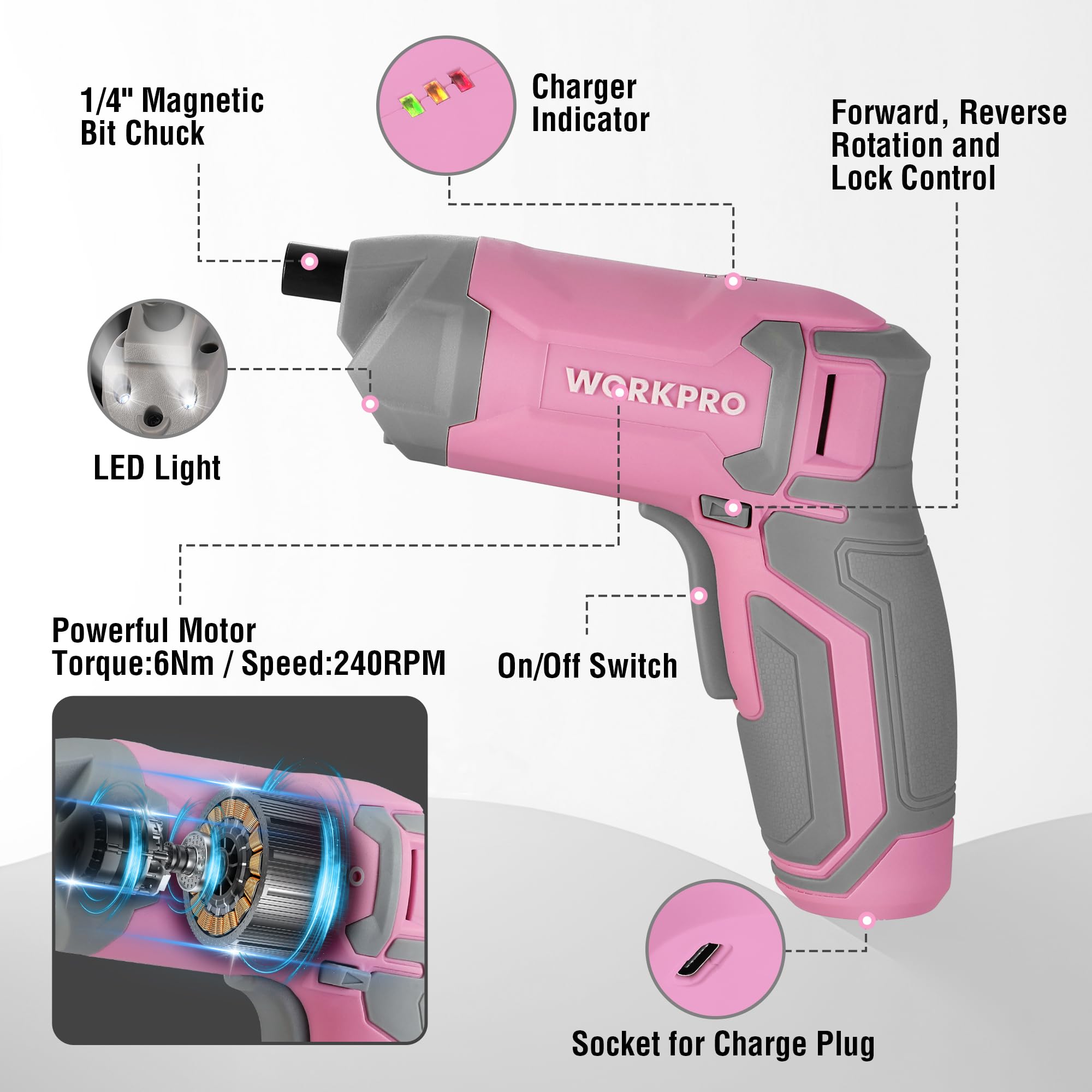 WorkPro pink carrying case keeps bits organized and ready.