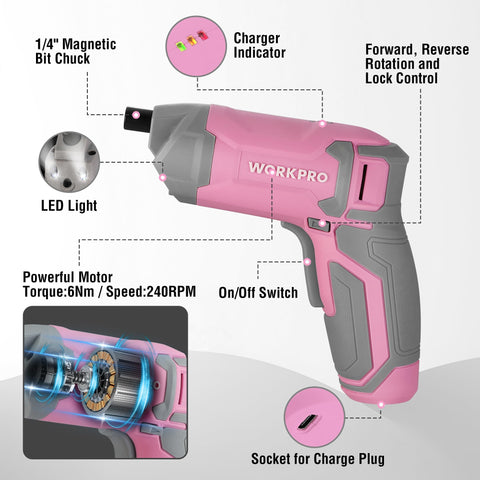 WorkPro pink carrying case keeps bits organized and ready.