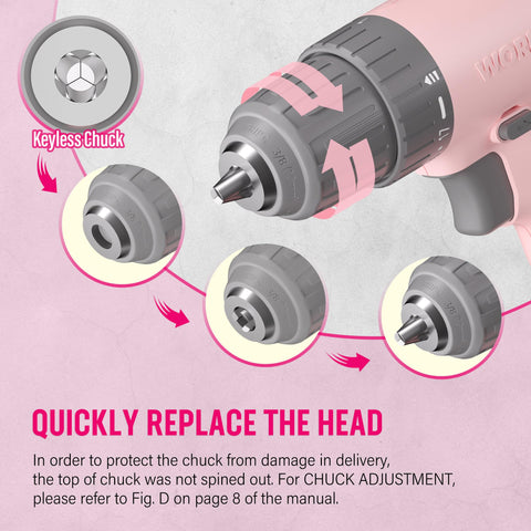 WORKPRO pink cordless drill close-up of 3/8 inch keyless chuck for quick one-handed bit changes