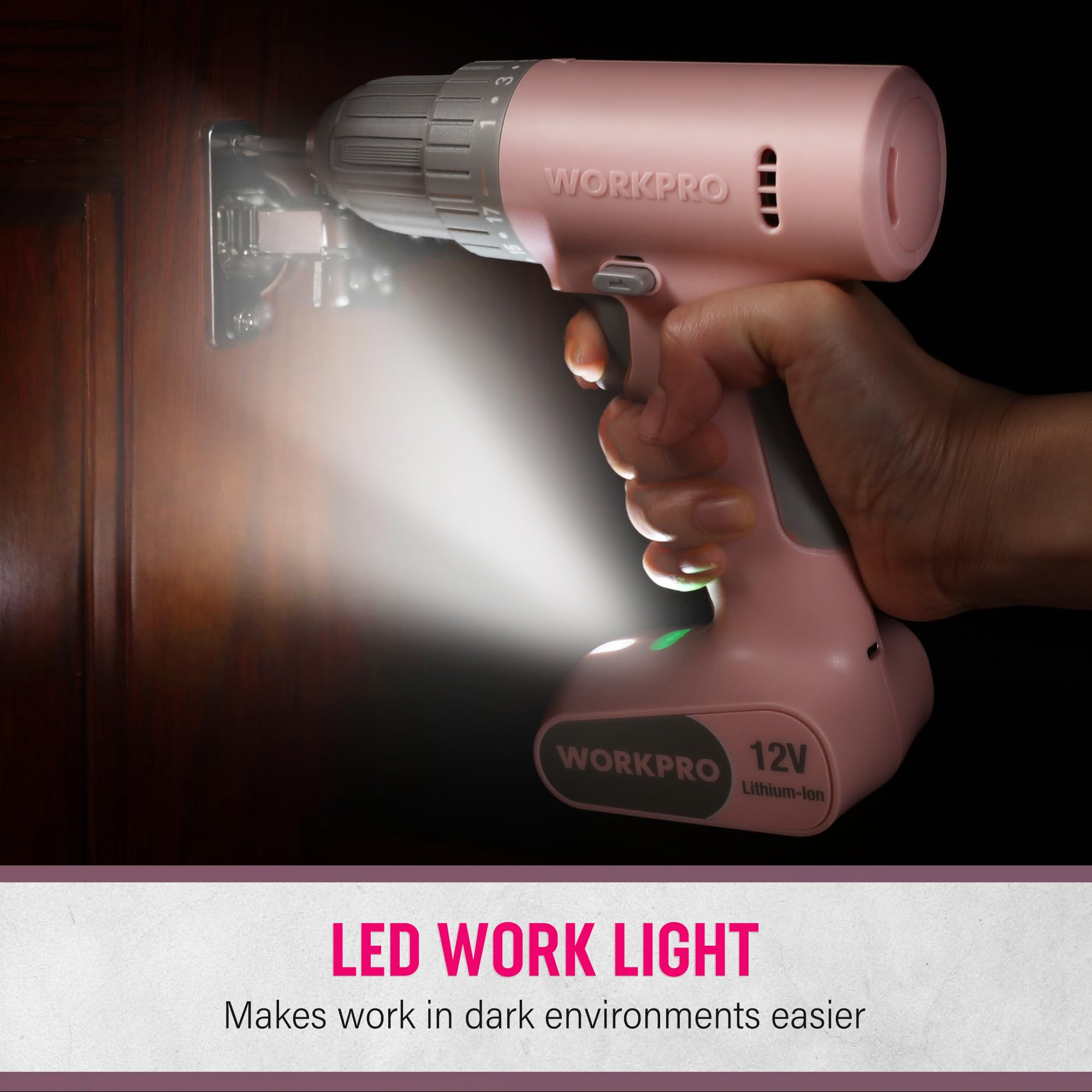 WORKPRO pink cordless drill shown with lightweight 0.9 kg design for easy handling