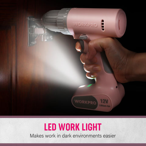 WORKPRO pink cordless drill shown with lightweight 0.9 kg design for easy handling