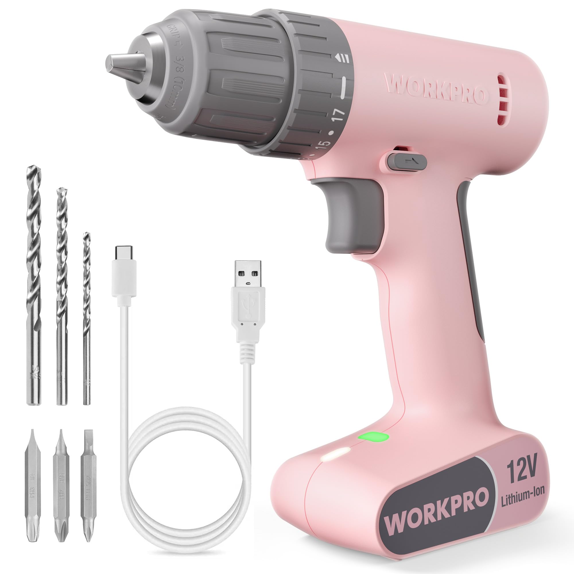 WORKPRO pink cordless drill driver front view showing ergonomic handling for comfortable use