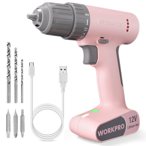 WORKPRO pink cordless drill driver front view showing ergonomic handling for comfortable use
