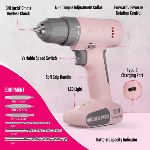 WORKPRO pink cordless drill side view highlighting compact design for tight spaces