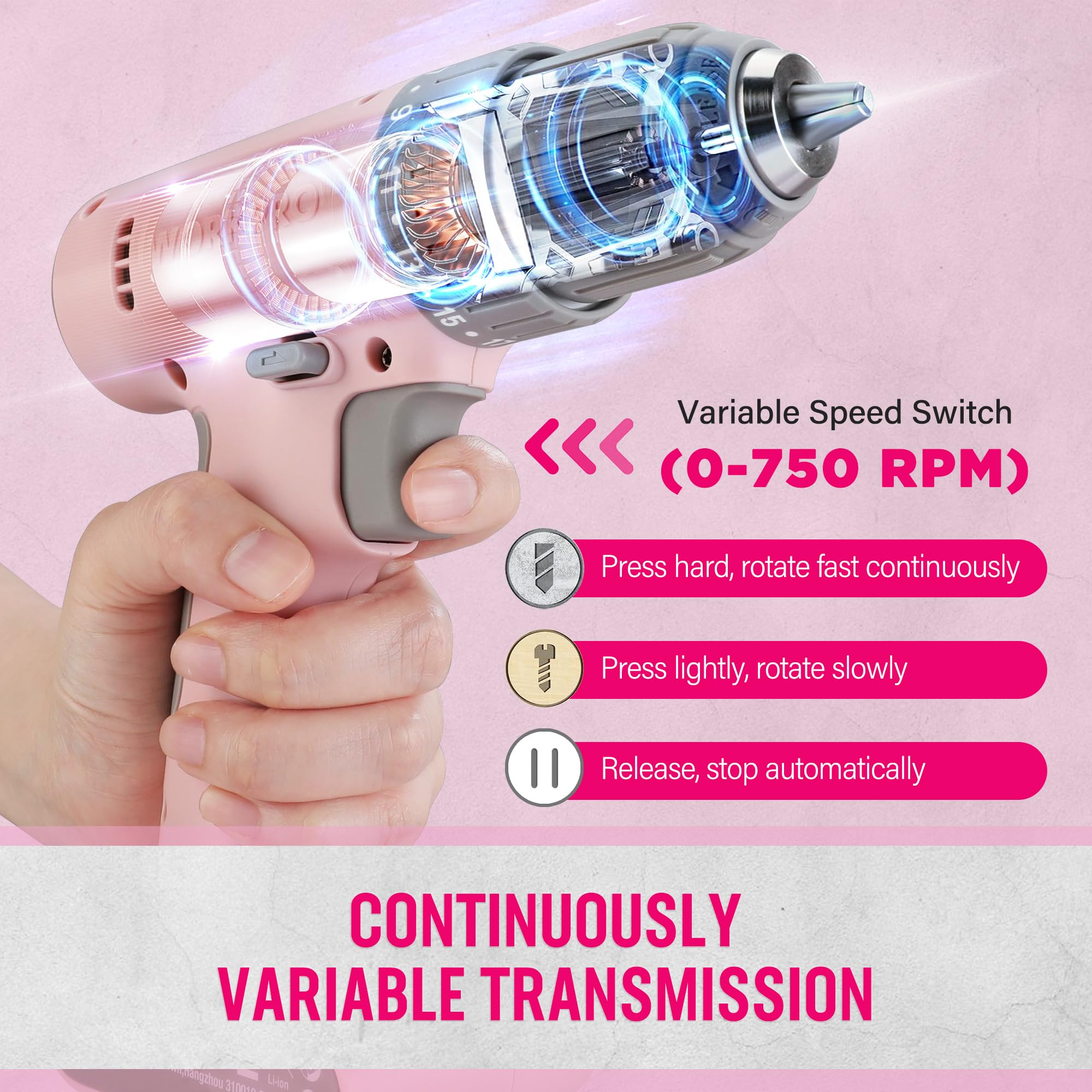 WORKPRO pink cordless drill with LED light on, illuminating the workspace