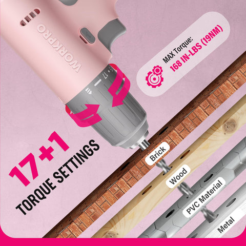 WORKPRO pink cordless drill charging via USB-C with power indicator visible