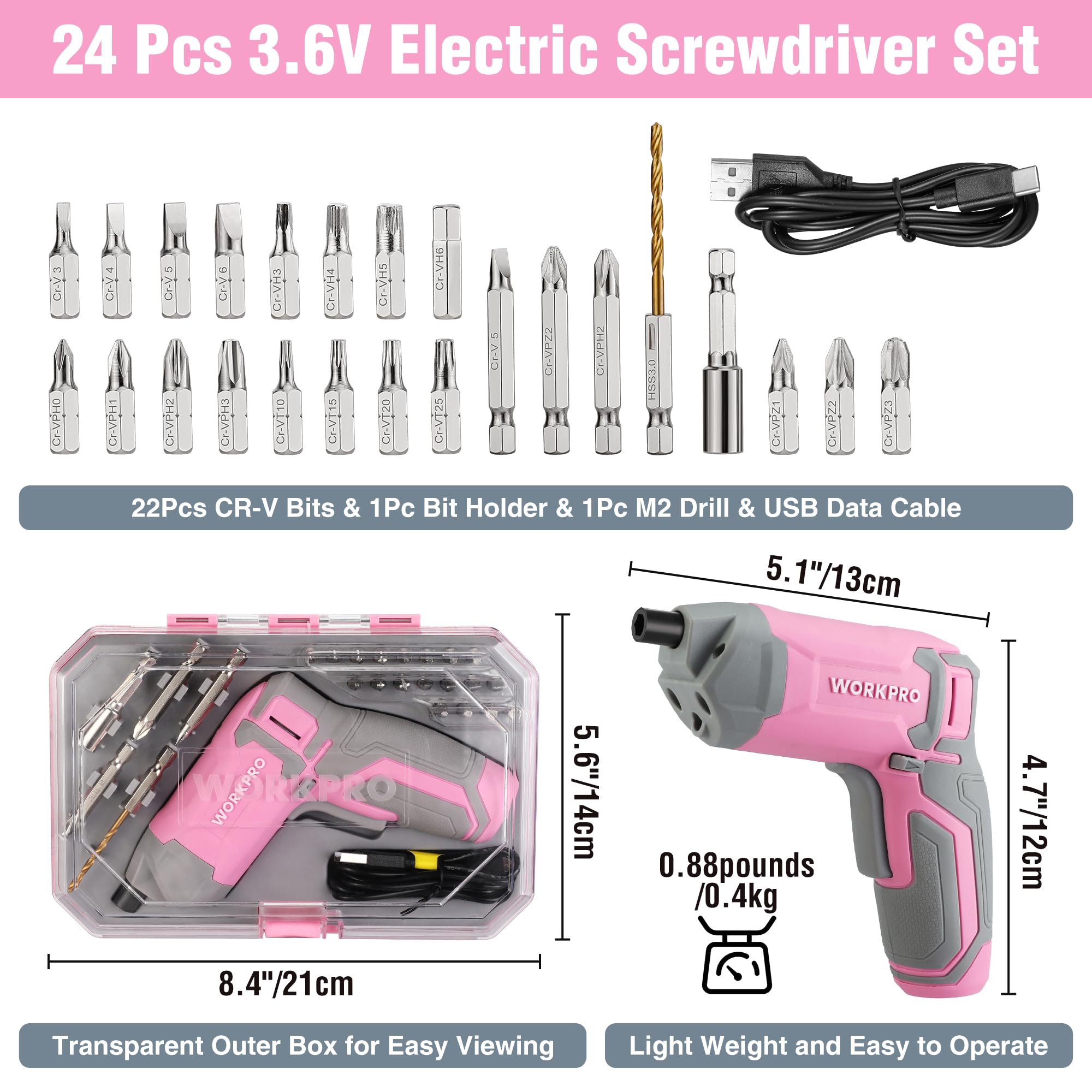 WorkPro pink cordless screwdriver LED light illuminates tight spaces.