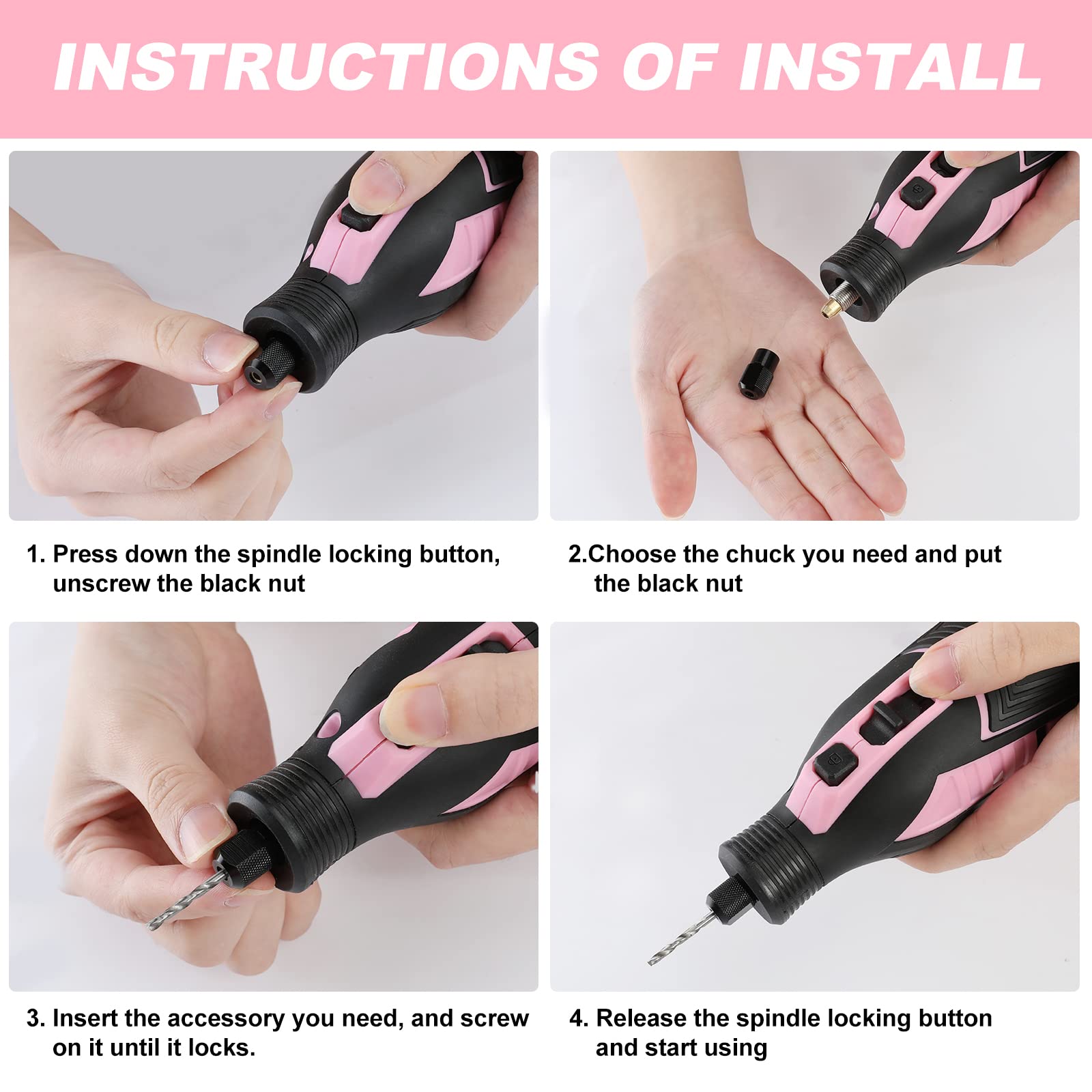 WORKPRO Pink kit supports crafts and repairs with sanding, engraving, polishing, and drilling.