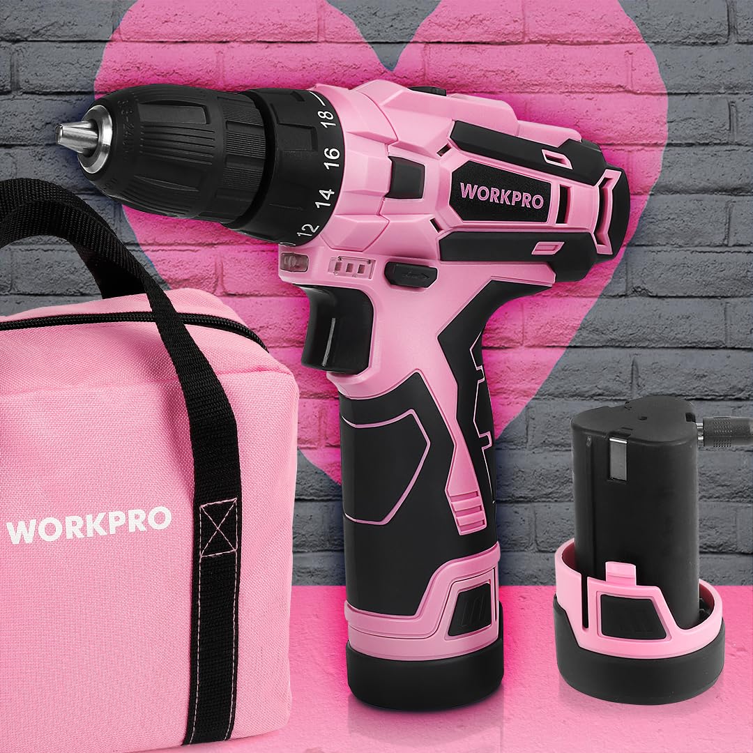 WorkPRO pink cordless drill with 3/8-inch keyless chuck enables quick bit changes.