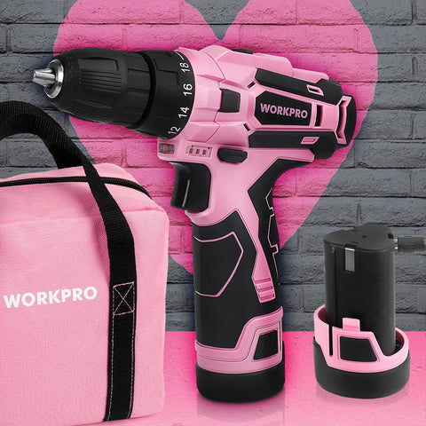 WorkPRO pink cordless drill with 3/8-inch keyless chuck enables quick bit changes.