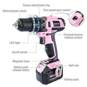 WORKPRO pink dual-speed modes for versatile drilling across materials