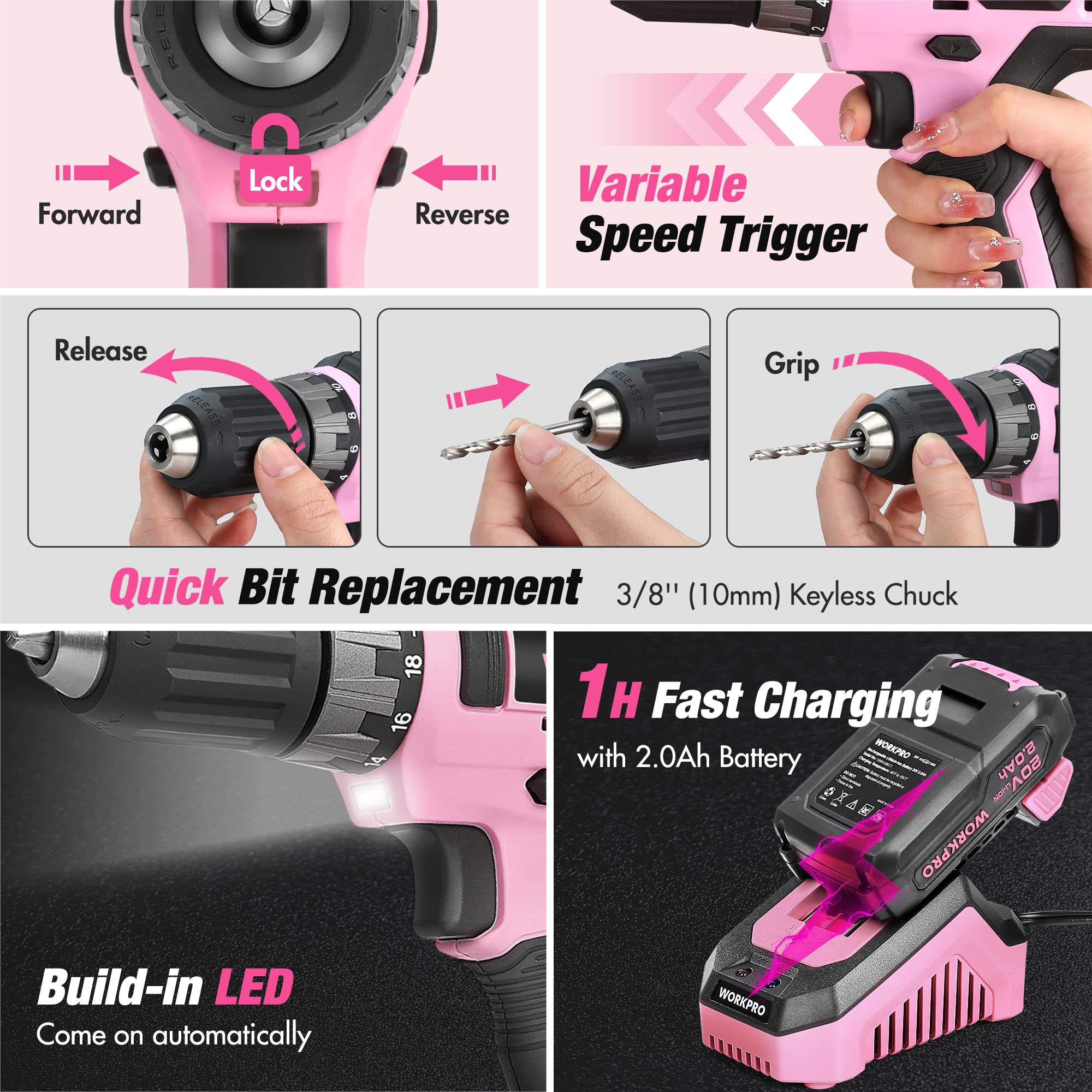 WORKPRO pink hammer and wrench included for assembly and tightening jobs