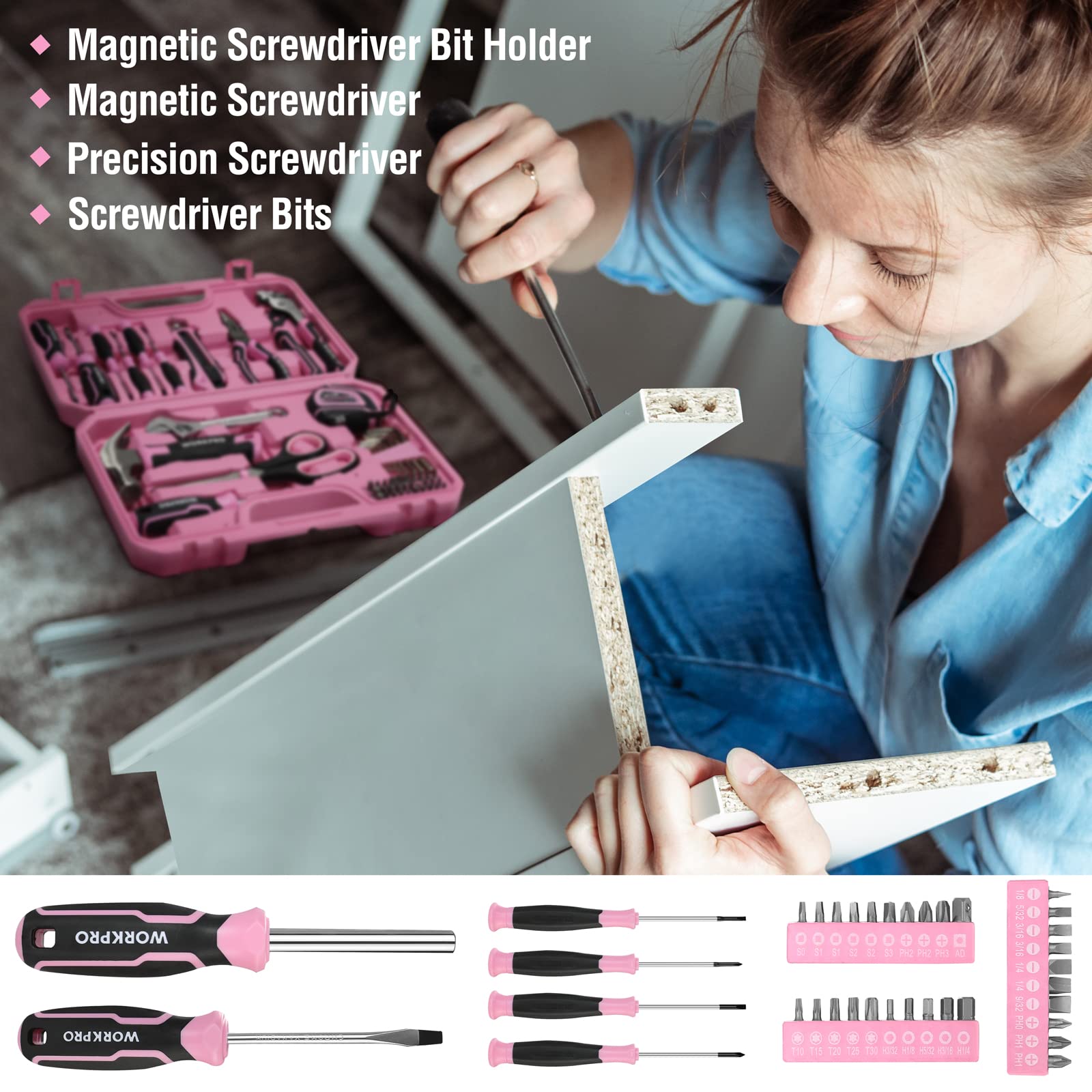 WORKPRO pink magnetic screwdrivers and bits set for quick fixes.