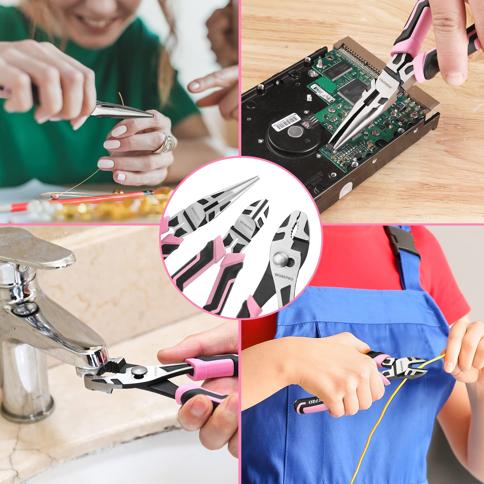 WORKPRO pink tool set with compact case for organized storage and quick access.