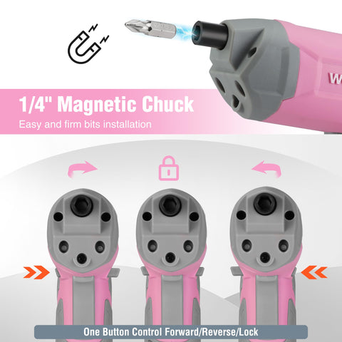 WorkPro pink screwdriver USB charging cable powers the tool anywhere.