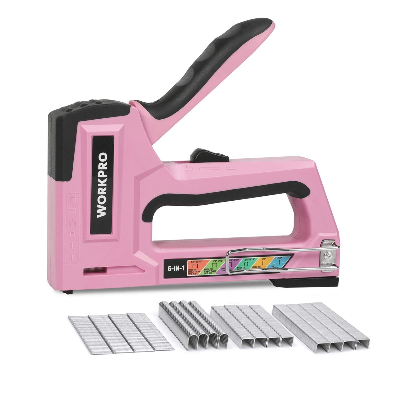 WORKPRO Pink 6-in-1 staple gun versatile for upholstery and carpentry tasks.