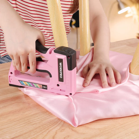 WORKPRO pink-staple-gun suitable for carpentry and small repairs.