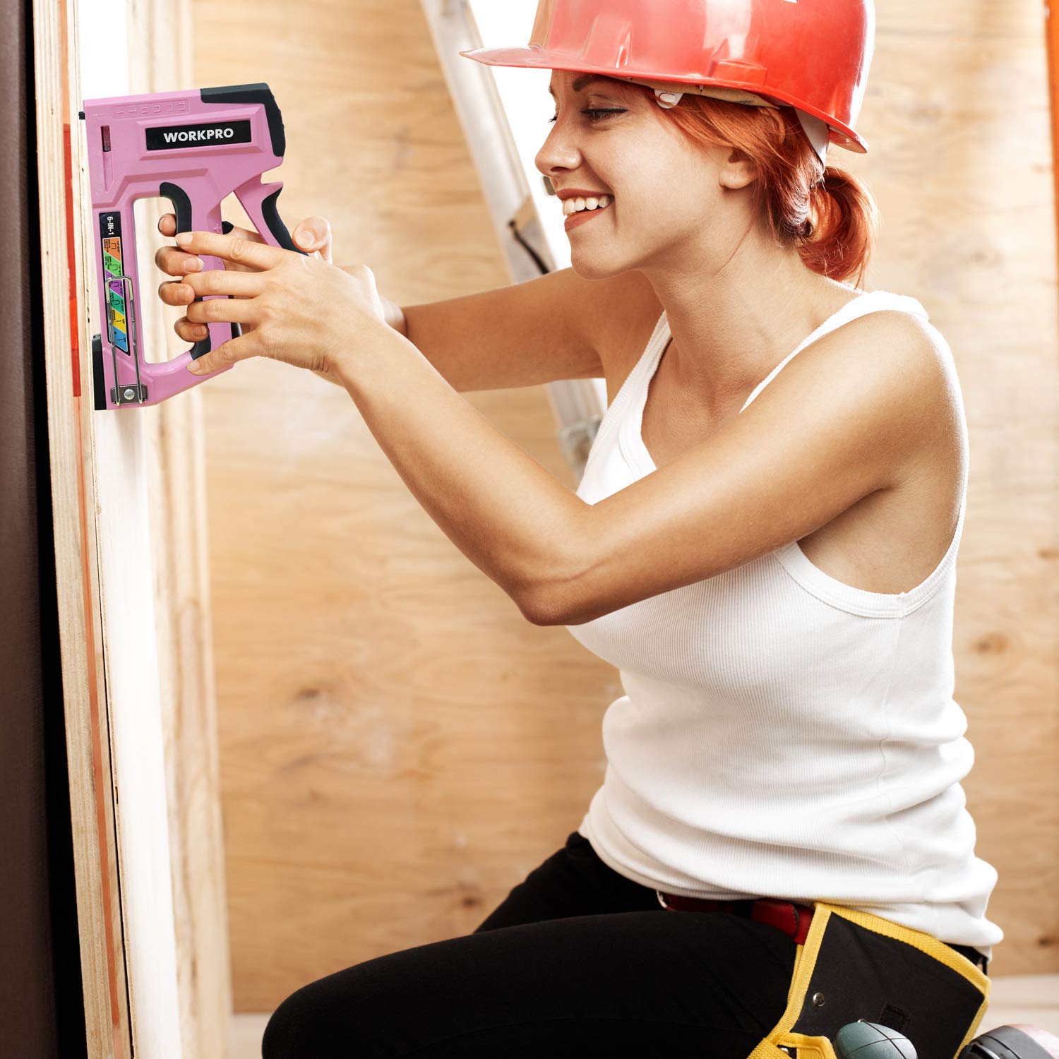 WORKPRO pink-staple-gun supports Helping Women Now donation campaign.