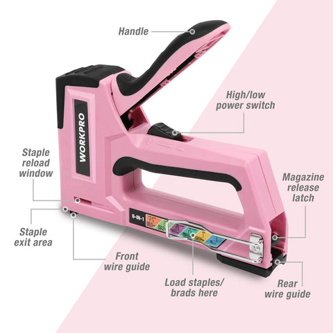 WORKPRO pink-staple-gun dual power settings for hard and soft materials.