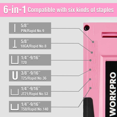 WORKPRO pink-staple-gun compatibility with JT21, T50, T25, and T20 nails.