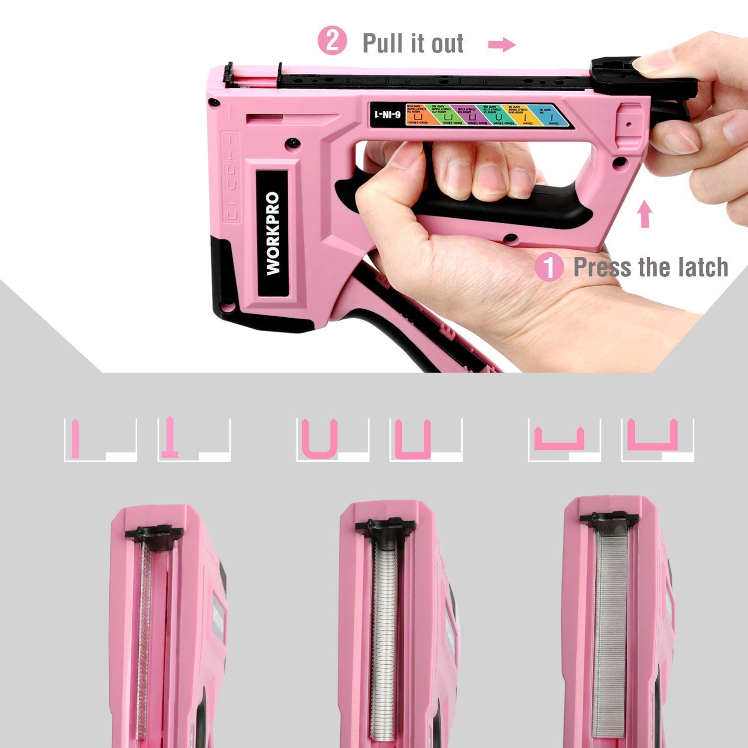 WORKPRO pink-staple-gun ideal for upholstery projects and fabric fixes.