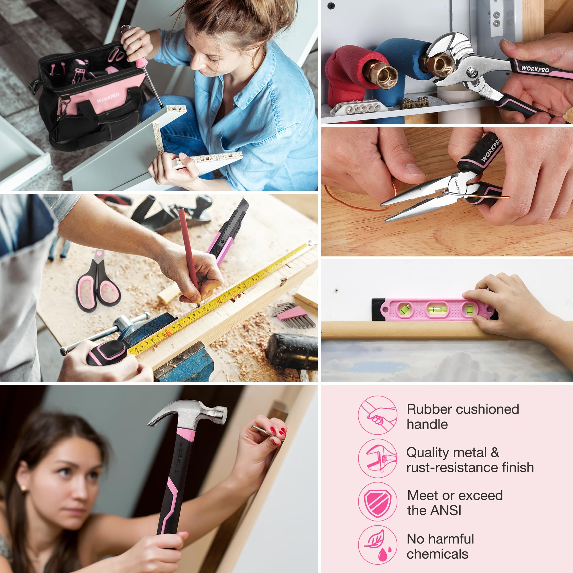 WORKPRO pink tool bag 14-inch storage keeps tools neatly organized