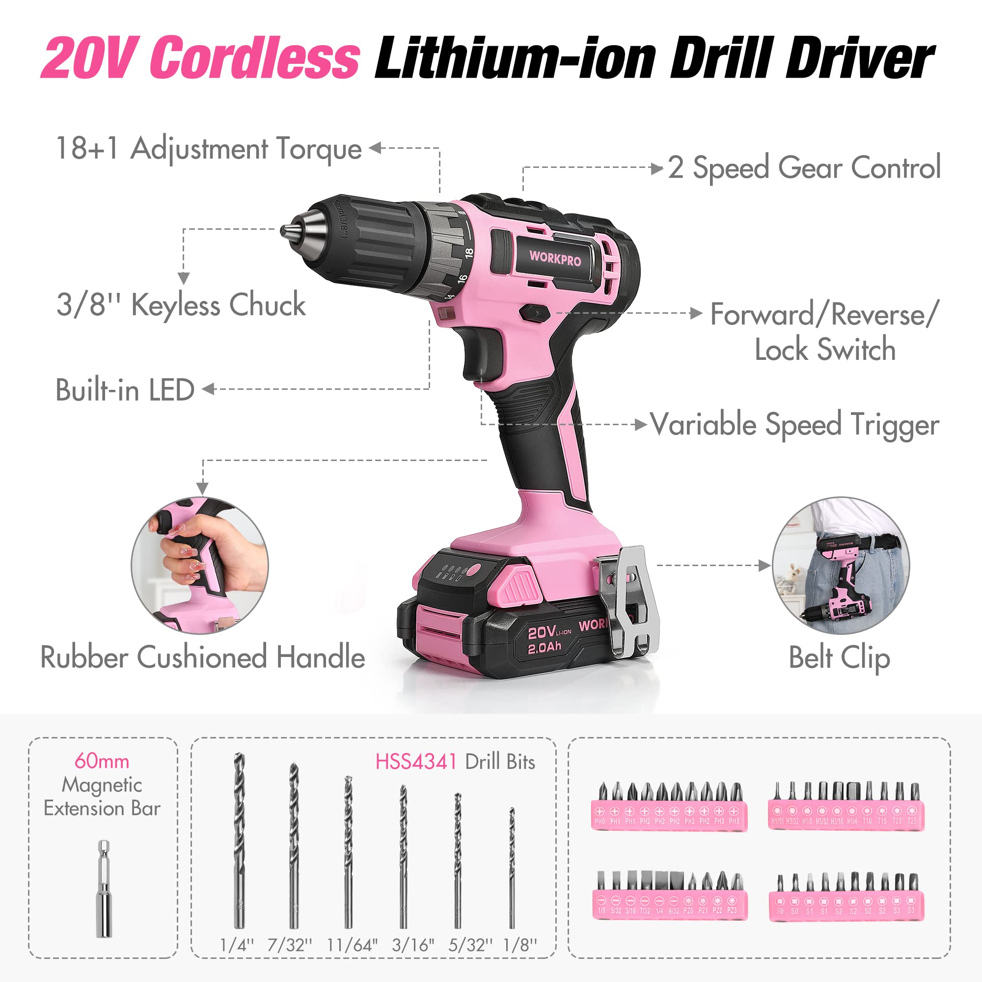 WORKPRO pink tool kit bits and accessories organized for fast project starts
