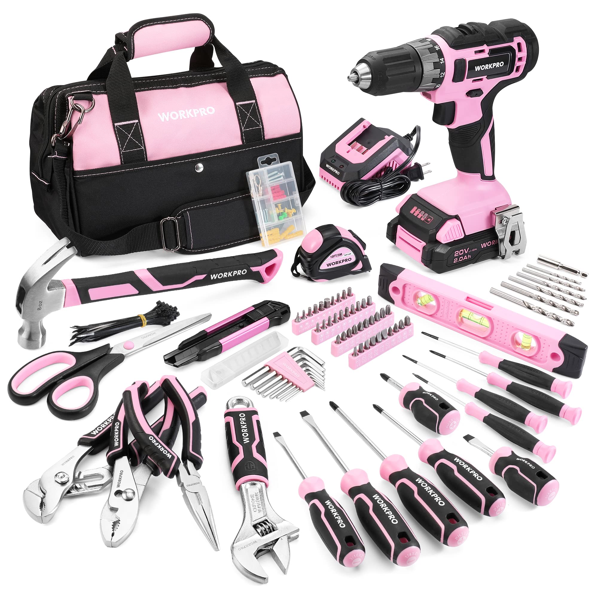 WORKPRO pink tool kit with drill ready for home repairs and quick fixes