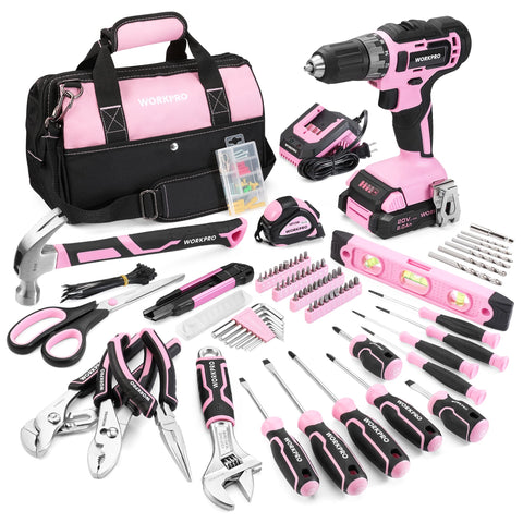 WORKPRO pink tool kit with drill ready for home repairs and quick fixes