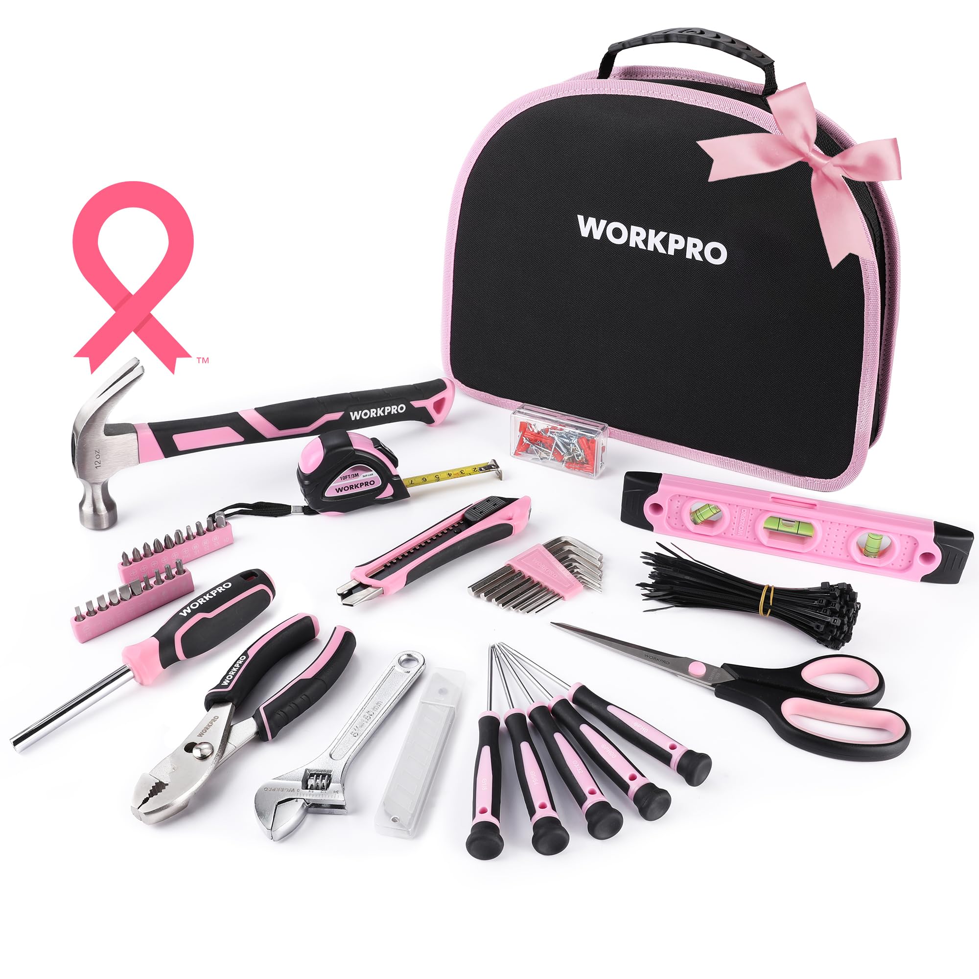 WORKPRO Pink Tool Kit 236 pieces in round pouch for easy home repairs.