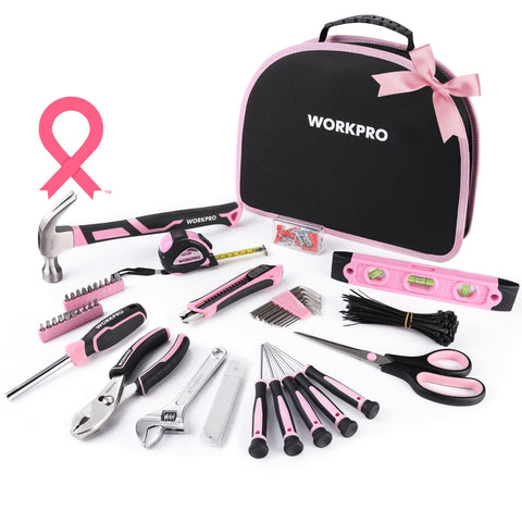 WORKPRO Pink Tool Kit 236 pieces in round pouch for easy home repairs.