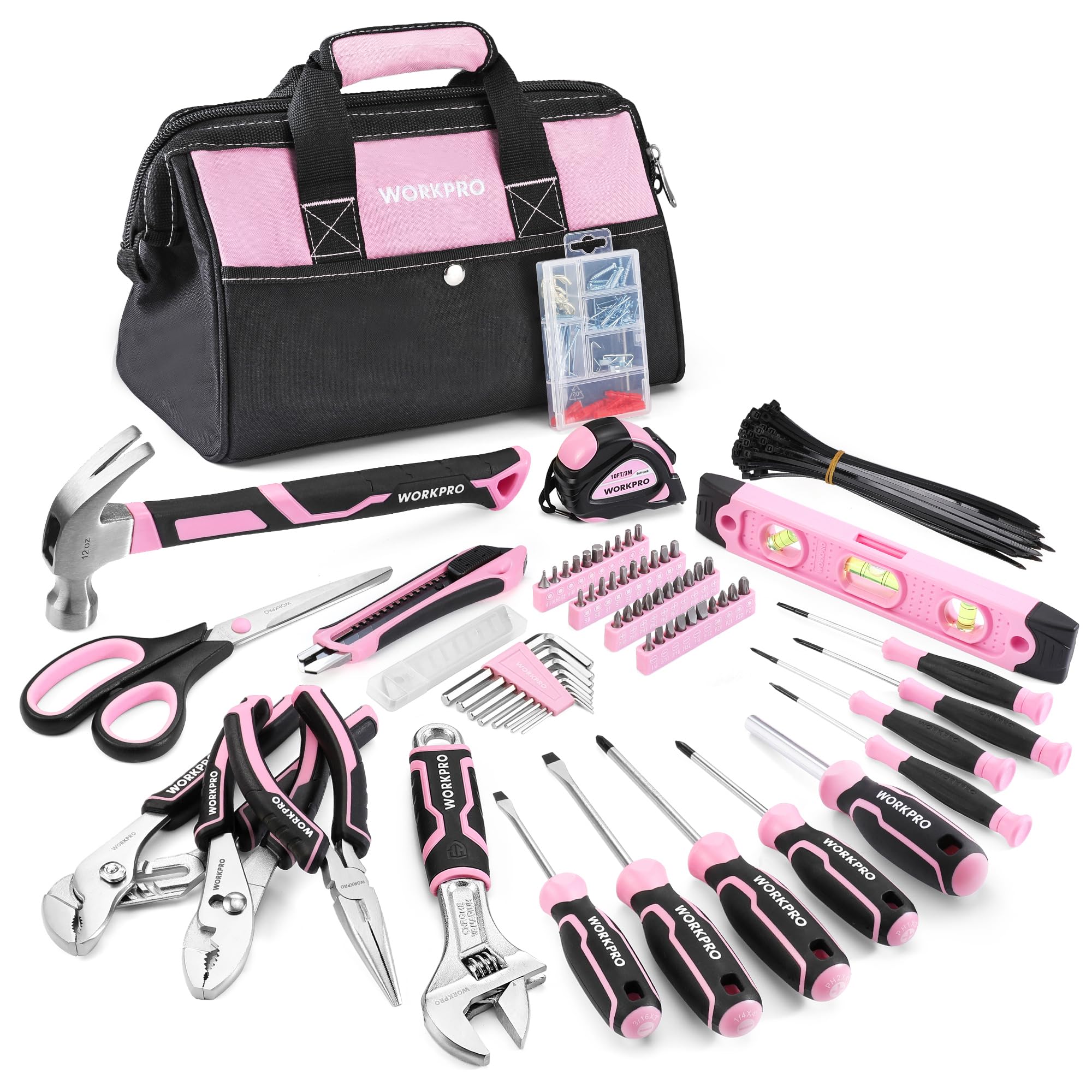 WORKPRO pink tool set bag open shows organized storage for quick tasks