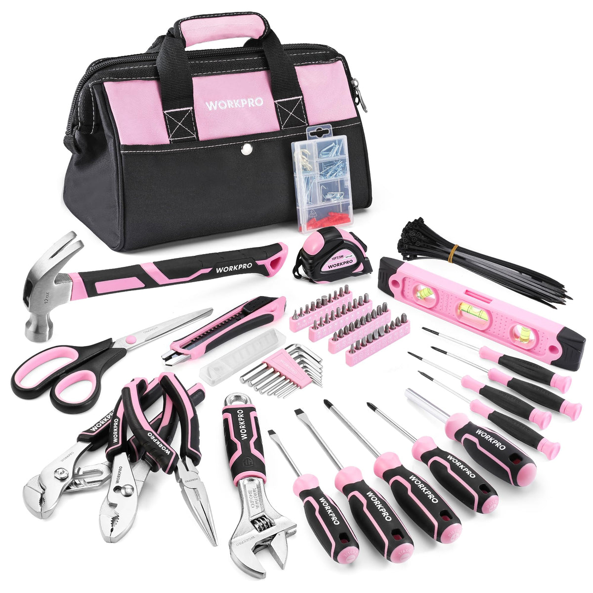 WORKPRO pink tool set bag open shows organized storage for quick tasks