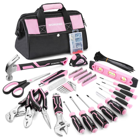 WORKPRO pink tool set bag open shows organized storage for quick tasks