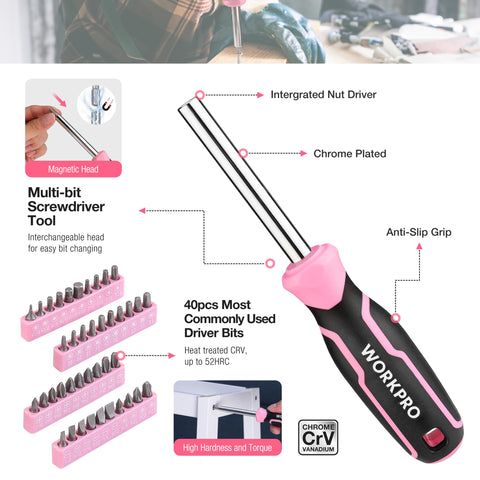 WORKPRO Pink Tool Set case shows durable storage for tools on the go