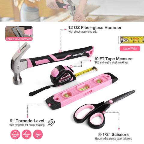 WORKPRO Pink Tool Set pliers enable secure gripping during quick fixes