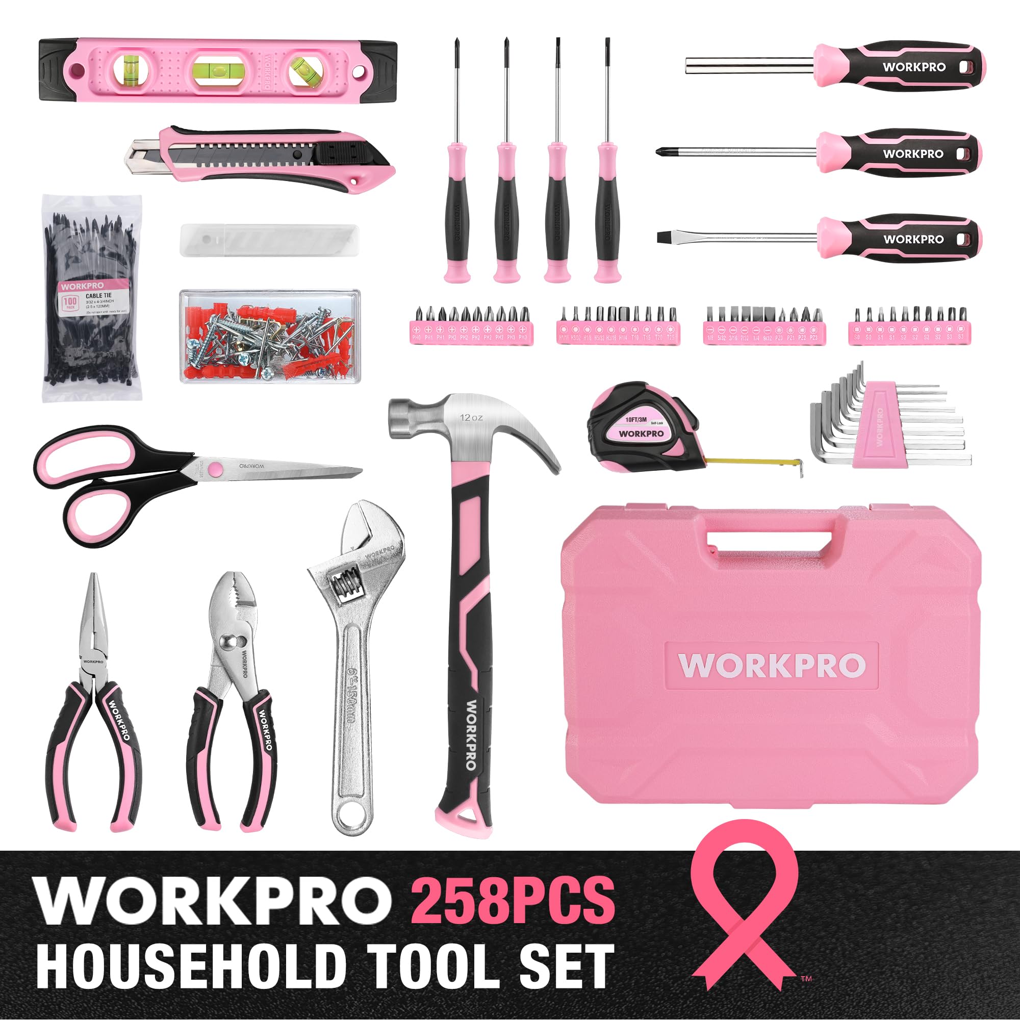 WORKPRO Pink Tool Set screwdrivers emphasize magnetic tips for precise screw driving